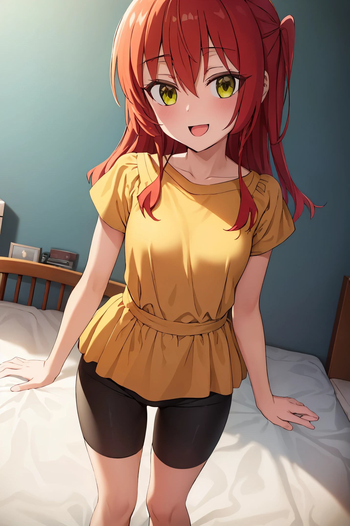 1 girl, best quality, ultra high res, long hair, red hair, green eyes, looking at viewers, small breast, standing, pov, slim body, loli body, small body, smile, open mouth, yellow shirt, short sleeves, bike shorts, bedroom, white bed sheets,