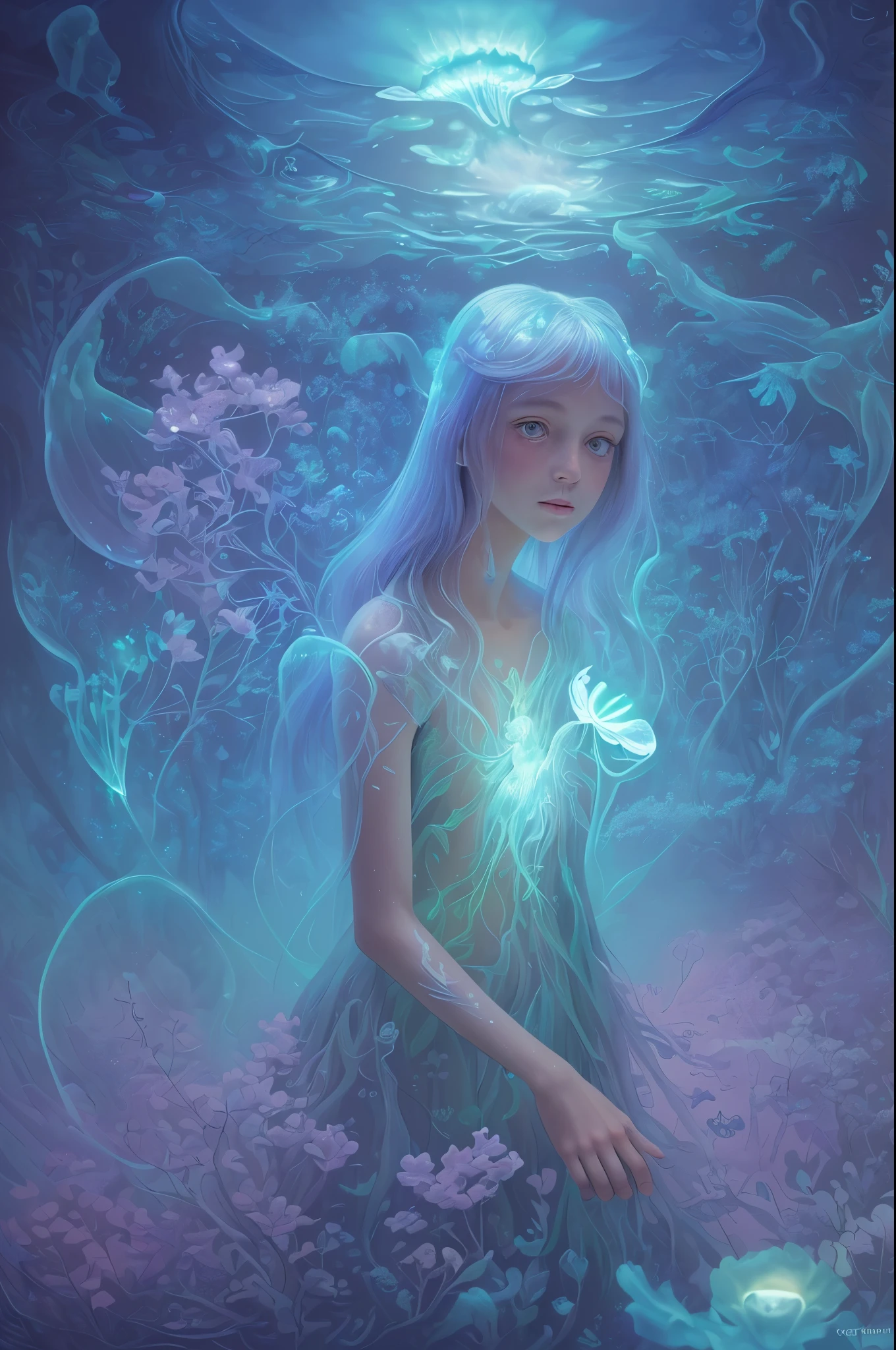 Ultra detailed cartoon illustration of a girl, lost in a magical world of wonders, luminous, translucent, Transparent, bioluminescent flora, Incredibly detailed, pastel colours, hand painted brush strokes, visible strokes, oil paint, Artist MSchiffer, night time, bioluminescense
