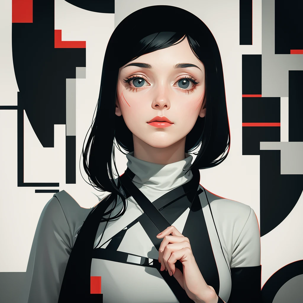 masterpiece, best quality, 1girl, spy movie poster, bauhaus, shapes, lines, abstract