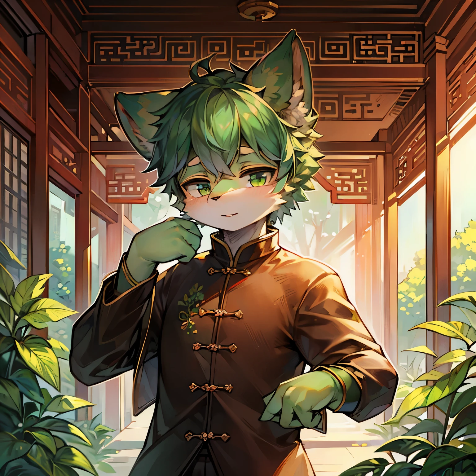 (best quality,highres:1.2),ultra-detailed,traditional Chinese style,green ambiance,genteel appearance,cultured student,adorable,furry details,boyish charm
