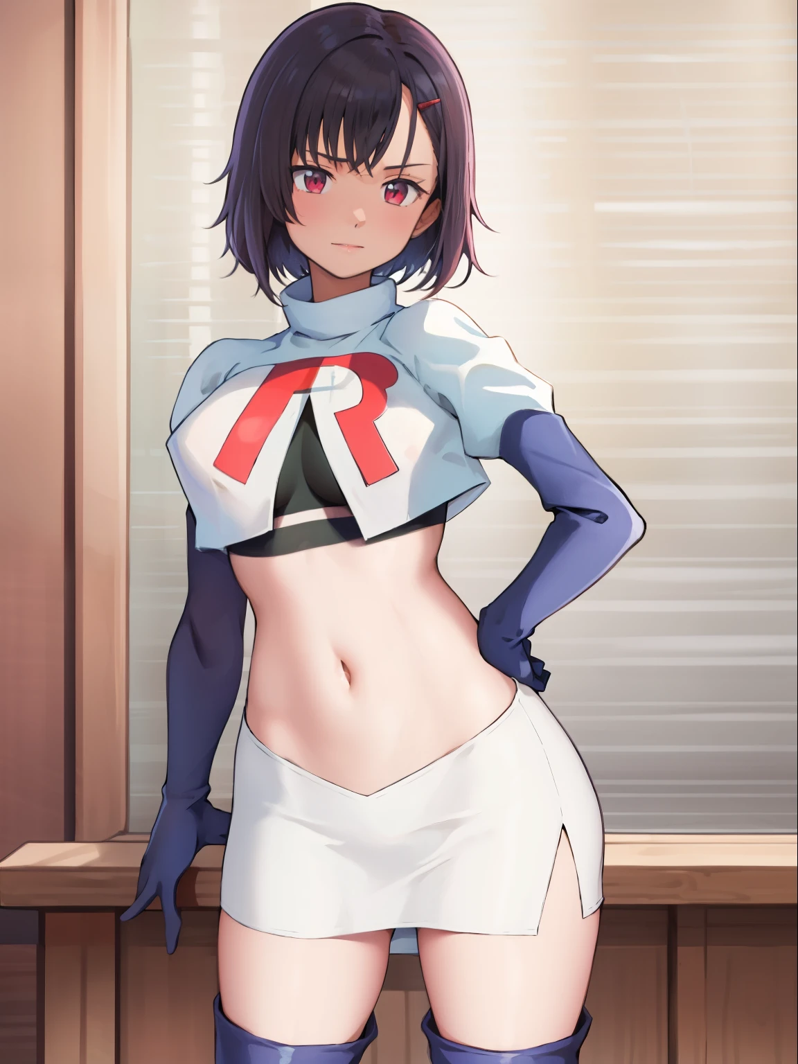 masterpiece, best quality, MShizukaV4, 1girl, solo, hair ornament, navel, medium breasts, standing, hairclip, team rocket, team rocket uniform, red letter R, white skirt, white crop top, black thigh-high boots, black elbow gloves,
