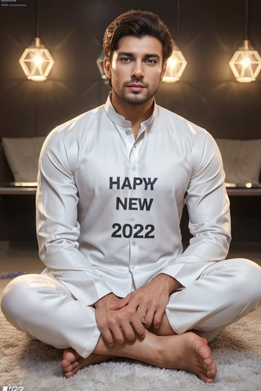 Create 3D illustration photo featuring a realistic image, handsome man, his wearing a Kameez shalwaar white color, He sitting on, large text that says "2024", background of the image should showcase, a large text that says happy New year, 3D HD