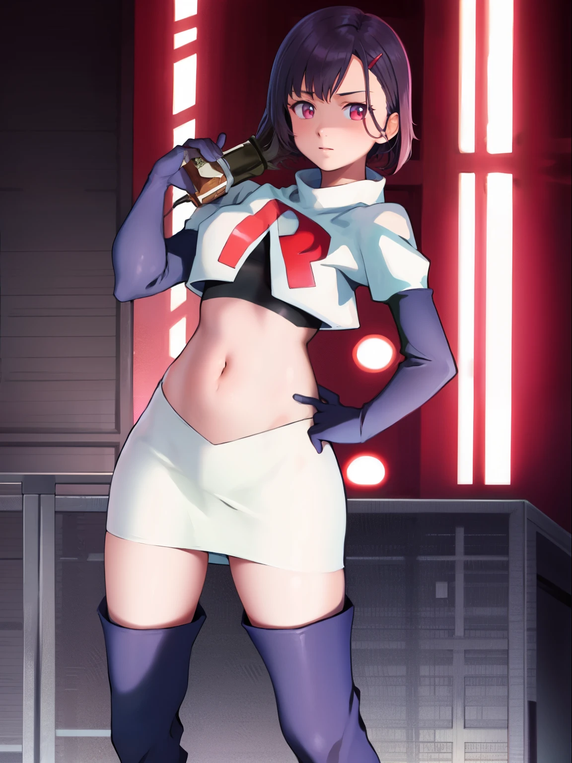 masterpiece, best quality, MShizukaV4, 1girl, solo, hair ornament, navel, medium breasts, standing, hairclip, team rocket, team rocket uniform, red letter R, white skirt, white crop top, black thigh-high boots, black elbow gloves,