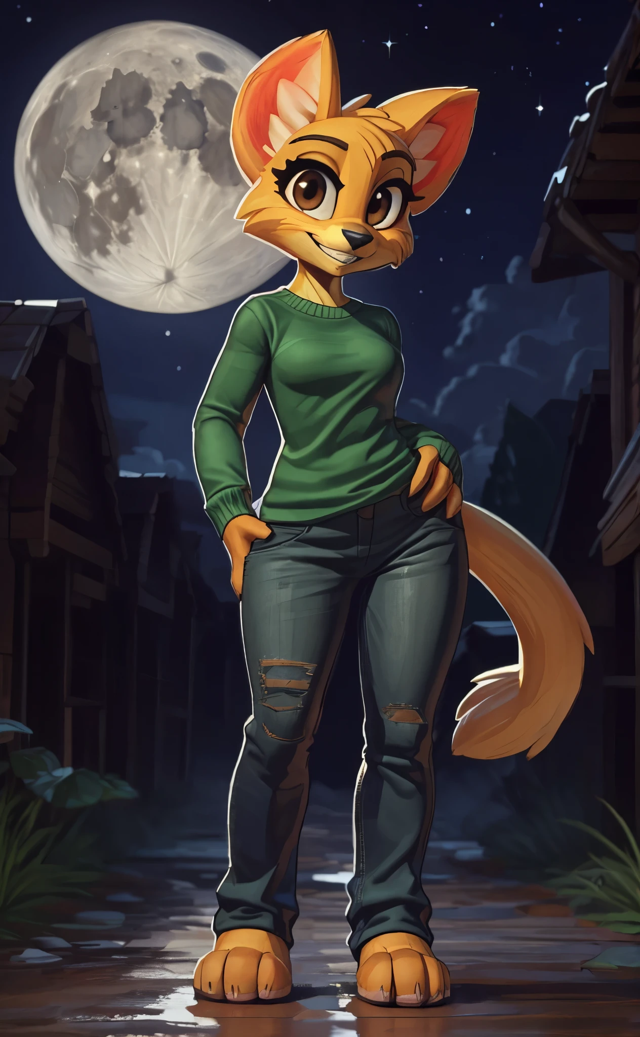 [katia managan], [Uploaded to e621.net; (Pixelsketcher), (wamudraws)], [(Uploaded to twitter.com); (@senip)], ((masterpiece)), ((HD)), ((highres)), ((solo portrait)), ((full body)), ((front view)), ((feet visible)), ((furry; anthro)), ((detailed fur)), ((detailed shading)), ((beautiful render art)), {anthro; yellow fur, black nose, (long yellow cat tail), (cute dark brown eyes), (beautiful legs), (beautiful feet), (cute grin)}, {(green long sleeve shirt), (tight jeans)}, {(standing), (arms at sides), (looking at viewer)}, [background; (forest), (beaten path), (full moon), (starry sky), (ambient lighting)]