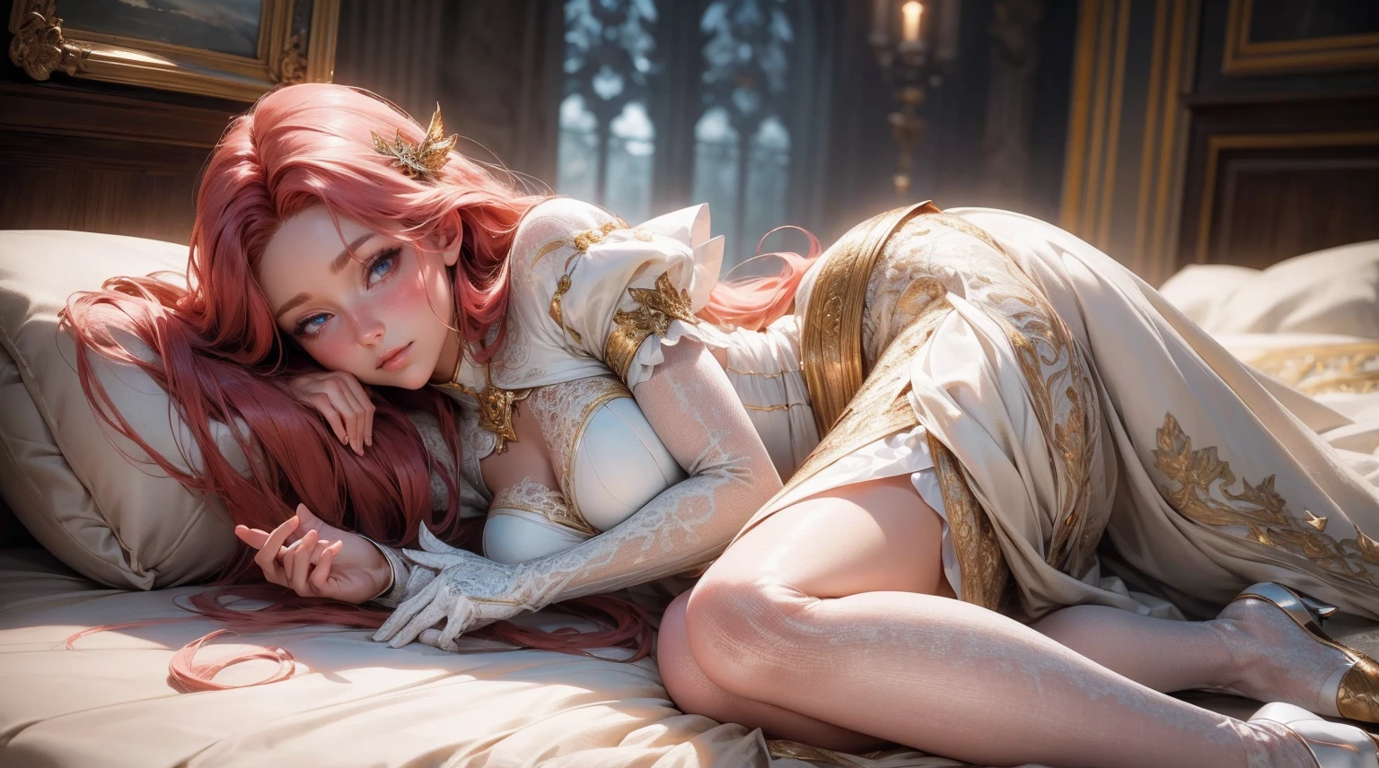 {-erro_de_anatomia:1.0}(best quality,4k,8k,highres,masterpiece:1.2), ultra-detailed, (realistic,photorealistic,photo-realistic:1.37), mature milf, illyasviel von einzbern, redhead hair, full body, vibrant colors, glowing skin, mesmerizing eyes, elegant pose, enchanting background, delicate lace dress, surreal lighting, ethereal atmosphere, mystical aura, intricate details, artistic medium, digital illustration, fantasy, anime, laying on the bed