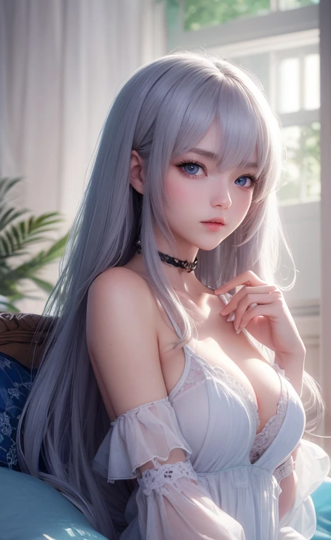 Masterpiece, best quality, (very detailed CG unity 8k wallpaper) (best quality), (best illustration), (best shadows) Nature', blue sea, delicate leaves petals of various colors falling in the air light Tracking, super detailed a close up of a woman with long hair laying on a bed, perfect white haired girl, photorealistic anime, guweiz, girl with brown hair, smooth anime cg art, 3 d anime realistic, hyper realistic anime, artwork in the style of guweiz, realistic anime 3 d style, guweiz masterpiece, seductive anime girl