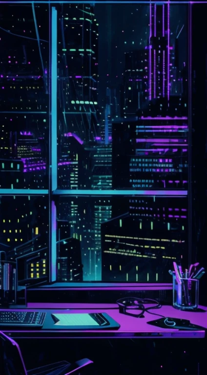 ((masutepiece)), (Ultra-detailed), (Intricate details), (high resolution CGI artwork 8k), Small retro futuristic and realistic vaporwave cyberpan at night、 On one of the walls、It is necessary to install large windows because there are many people coming and going......, Colorful, detaileds (Cyberpunk), Synth Wave, Neon cityscape. The city should be colorful and futuristic style, Neon light, Signs, Eta、buildings of various sizes. The cityscape should be extremely detailed with depth of field. This city has visual interest in many details. Create depth using atmosphere and ambient lighting、Evoke the atmosphere of a busy futuristic city outside the window. Pay close attention to details like intricate, Hire eyes and 90s bedroom accents. camera: Wide shot showing part of the room and windows. The window should be the focal point of the image. The cityscape should fill the window........ Lighting: Using atmospheric lighting and volumetric lighting、Highlight the details of the cityscape. The room should be illuminated by the neon lights from the cityscape.Gaming Desk、Gaming Chair、Gaming PC、Game monitor on the left side
