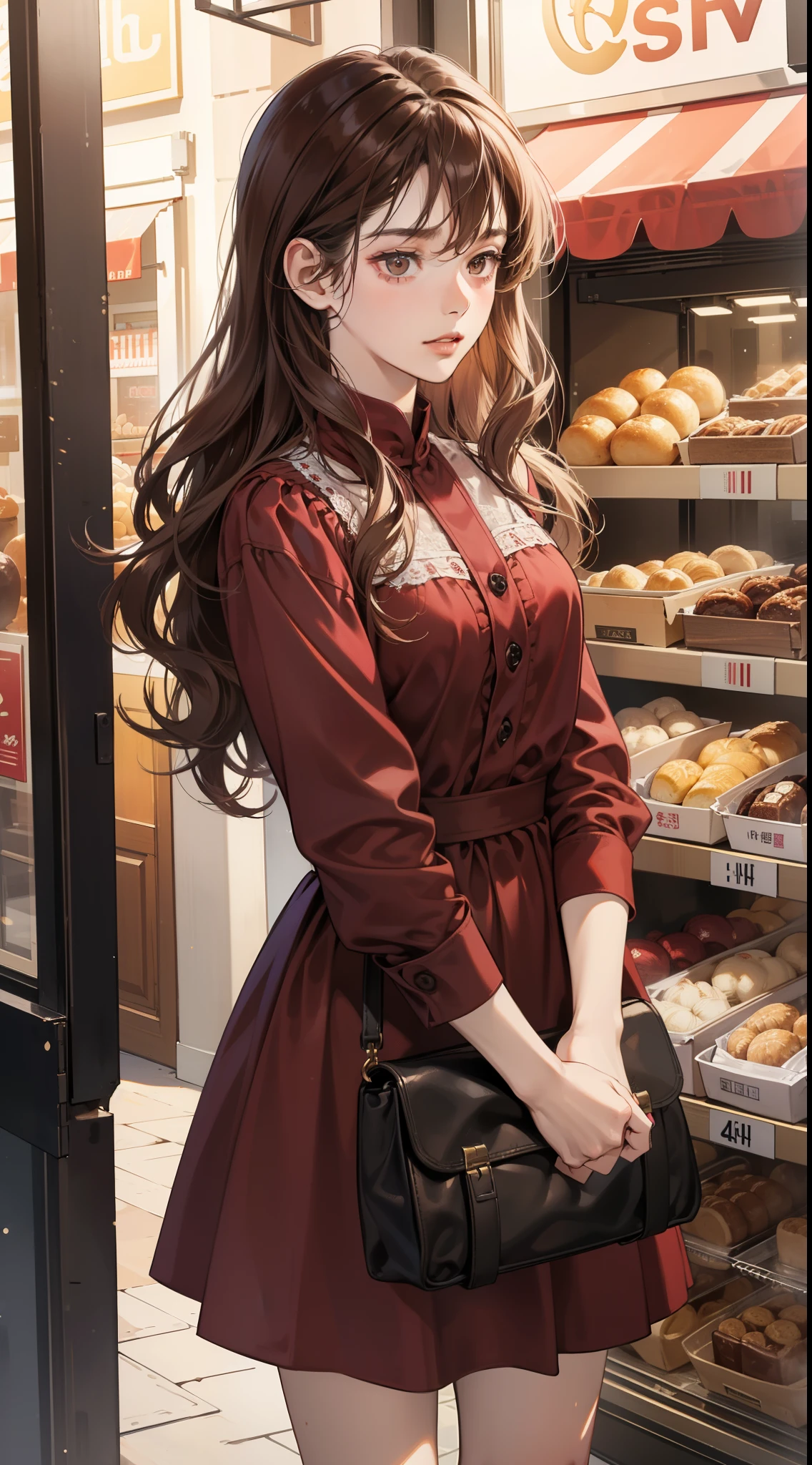 Masterpiece, best quality, realistic, 1woman, quiet, calm and pretty young woman, 16 years old, ((close mouth)), extremely detailed, a little distance, half body, maroon casual dress, in front of bakery store, nightview ((dark brown eyes)), ((wavy with bang brunette hair)), 4K
