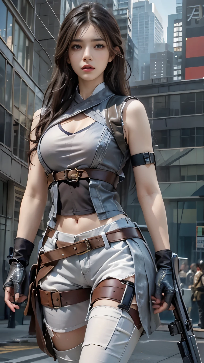 Photorealistic, high resolution, 1 woman, Solo, Hips up, view the viewer, (Detailed face), long hair, SWAT vests, jewelry, medium bust, battlefield outfit, silver outfit, bare stomach and shoulders, bare thigh, building background, walking,, back, ass