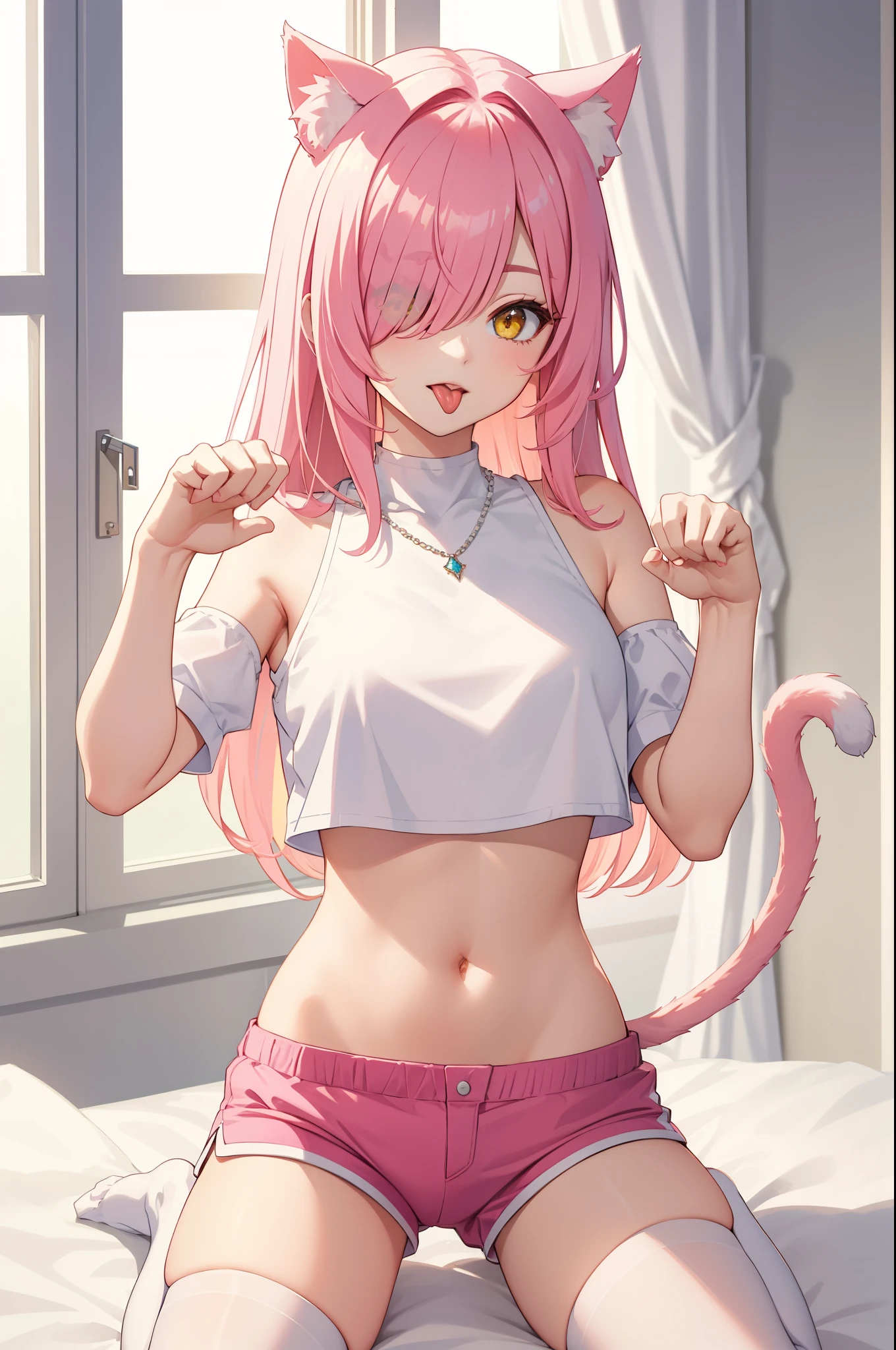 (masterpiece), best quality, perfect face,on bedroom,bedsheet,window,1catgirl,Beautiful yellow eyes,cat ears,cat tail,Long pink hair,((hair over one eye)),(plain White t-shirt with crop top),(pink hot pants),white stocking,white detached sleeve,bare shoulders,diamond necklace,(perfect anatomy:1.2),(paw pose, tongue out)