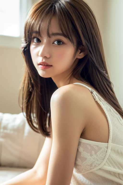 Highest quality, Soft Light, Ultra-high resolution, (Realistic:1.4), RAW Photos, whole body、Knee Shot, Of Japanese, alone, cute, (pupil, Light in your eyes), Beautiful face in every detail, (Long Hair), Wrapped in bed sheets