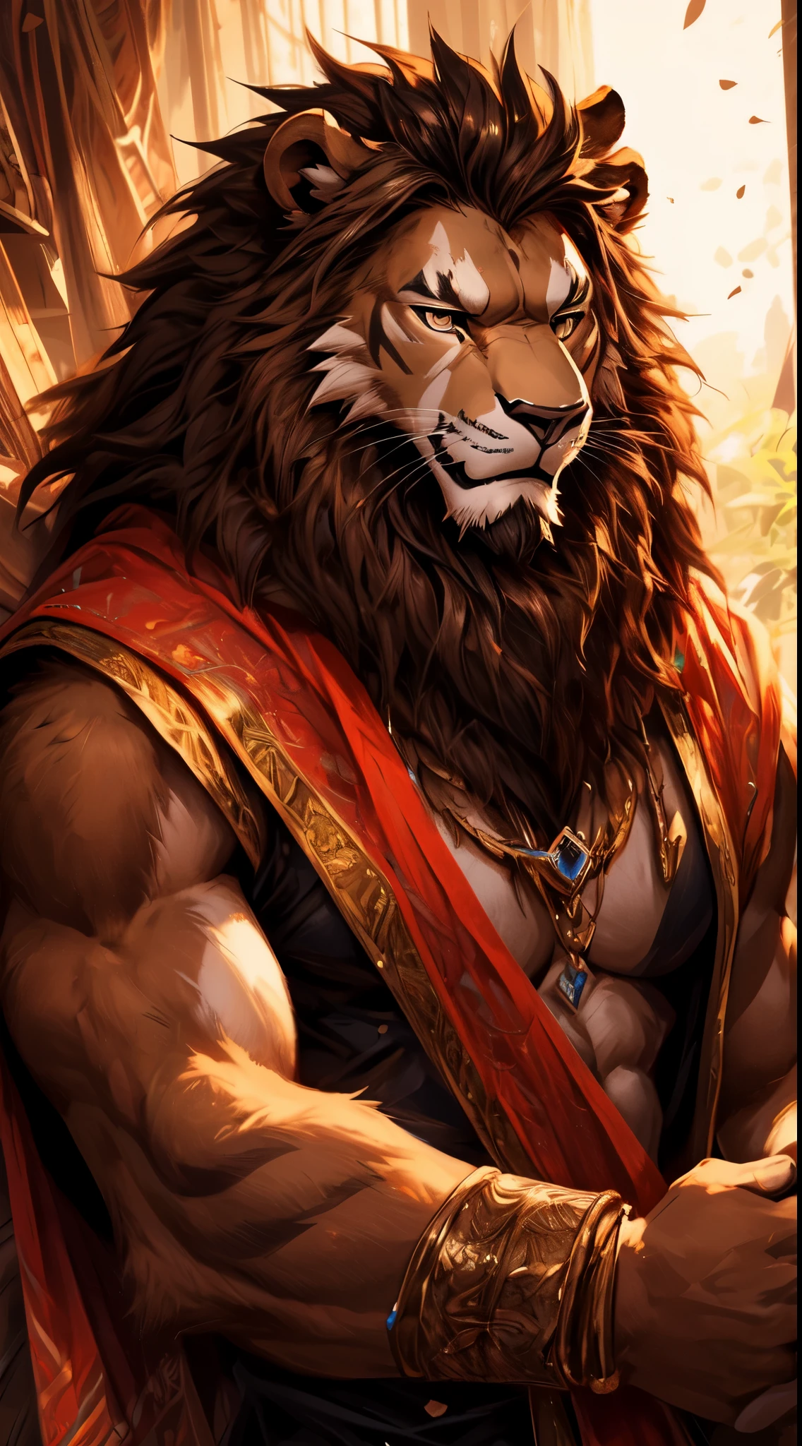 A lion beastman with dark hair and light brown skin, macho, (mature), standingn, corpo inteiro, seu olho esquerdo entrefechado com cicatriz de garras, cavaleiro do reino, calm expression, de frente para o espectador,  floresta, detalhado, natural  lightting, floresta, fotorrealista,  (antro) (([leone])), foto-realismo, sombreamento suave, (circunstanciado fur: 1.1), serene appearance, (sozinho: 1.1), ), ((Beautiful) olho: 1.1), (circunstanciado olho: 1.1), (circunstanciado), (master part: 1.2), (atletic), boa anatomia, (por Kenket), Directed by: Ross Tran, por Michael & Inessa Garmash, Directed by: Pino Daeni, por Kiguri,  Directed by: Alena Aenami, Directed by: Ruan Jia