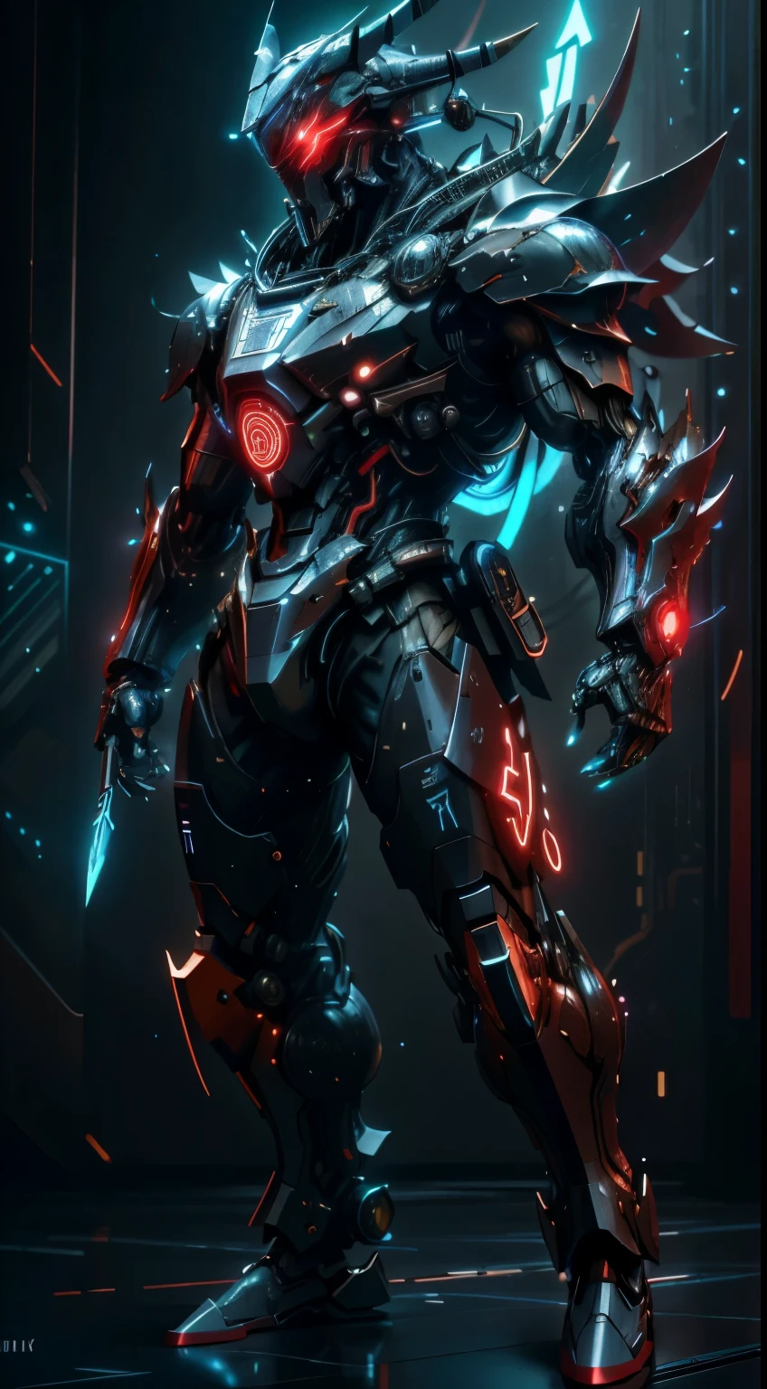 realistic,shiny,reflective,bioluminic, galactic cybernetic mask,mecha,(samurai:1.2)sh4g0d,GlowingRunes_red,fullbody,cinemnatic,dark background,back light,high contrast,