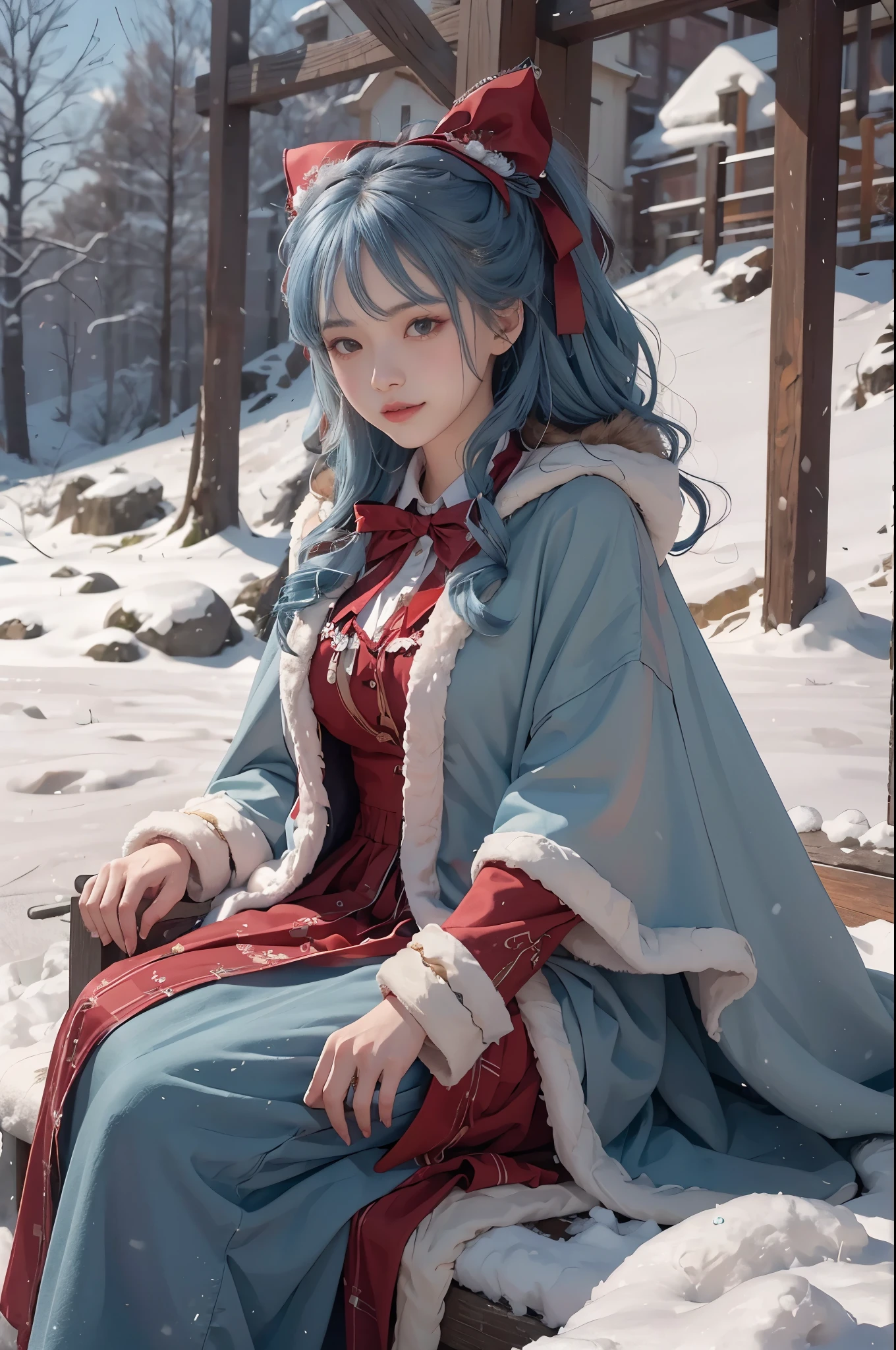 1 girl，hoody，fur cape，Blue hair，ssmile，ta costume，Extra-long hair，Red bow hair ornament，sitting down，The content is very detailed,center frame,Focus sharp,城市，outside，natta，snow field，luring，8K，tmasterpiece，winning artwork，