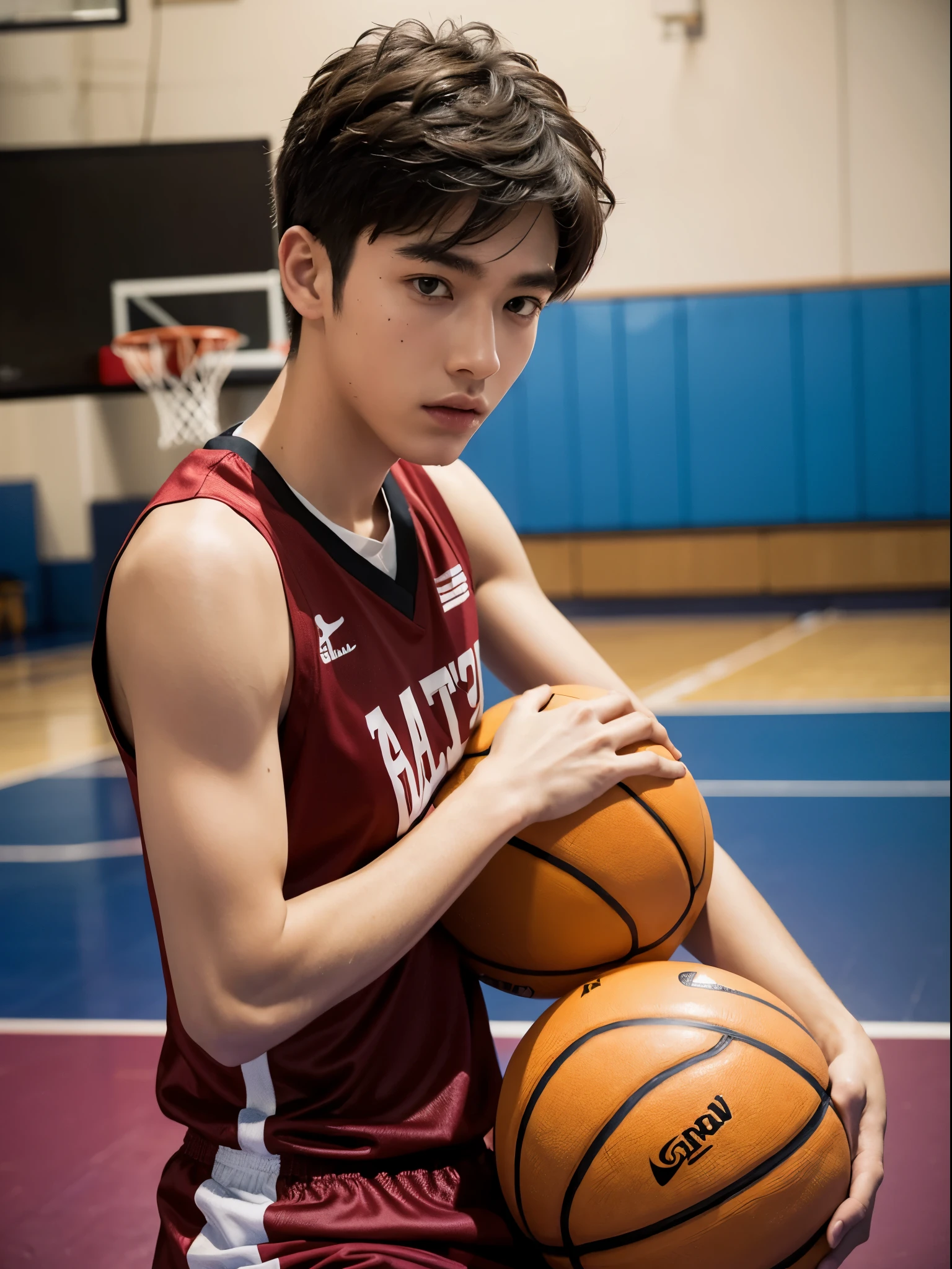 masterpiece,best quality, (A 16-year-old tall boy:1.2), (Kneeling upright on the campus lawn:1.2),(Orange one-piece cycling suit),Broad shoulders,Muscular shoulders,(Extremely strong body),Muscular body,Attractive and fit body,Inverted triangle figure,Biceps,Highlight muscle texture,Front view, Muscular body,Small head,Handsome and cute face,V-Shaped Face,Perfectly detailed facial features,Looking at the camera,Innocent expression,leaning back,head tilt, happy, very short hair, brown hair,(looking at viewer:1.2),Vision