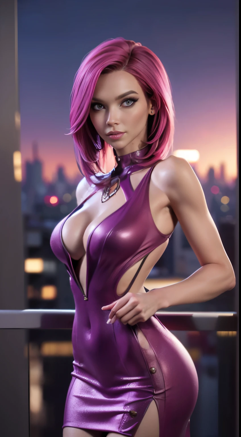 photo of Anna Bell Peaks, RAW, beautiful woman, ((portrait)), ((detailed face:1.2)), ((detailed facial feature, detailed skin, clear skin), (perfect proportioned body), arched back, (wearing a revealing colorful sexy dress) (high detailed city environment, apartment balcony), (realistic photo, best quality, detailed), (8k wallpaper), (cinematic lighting, dramatic lighting) (sharp focus, intricate)