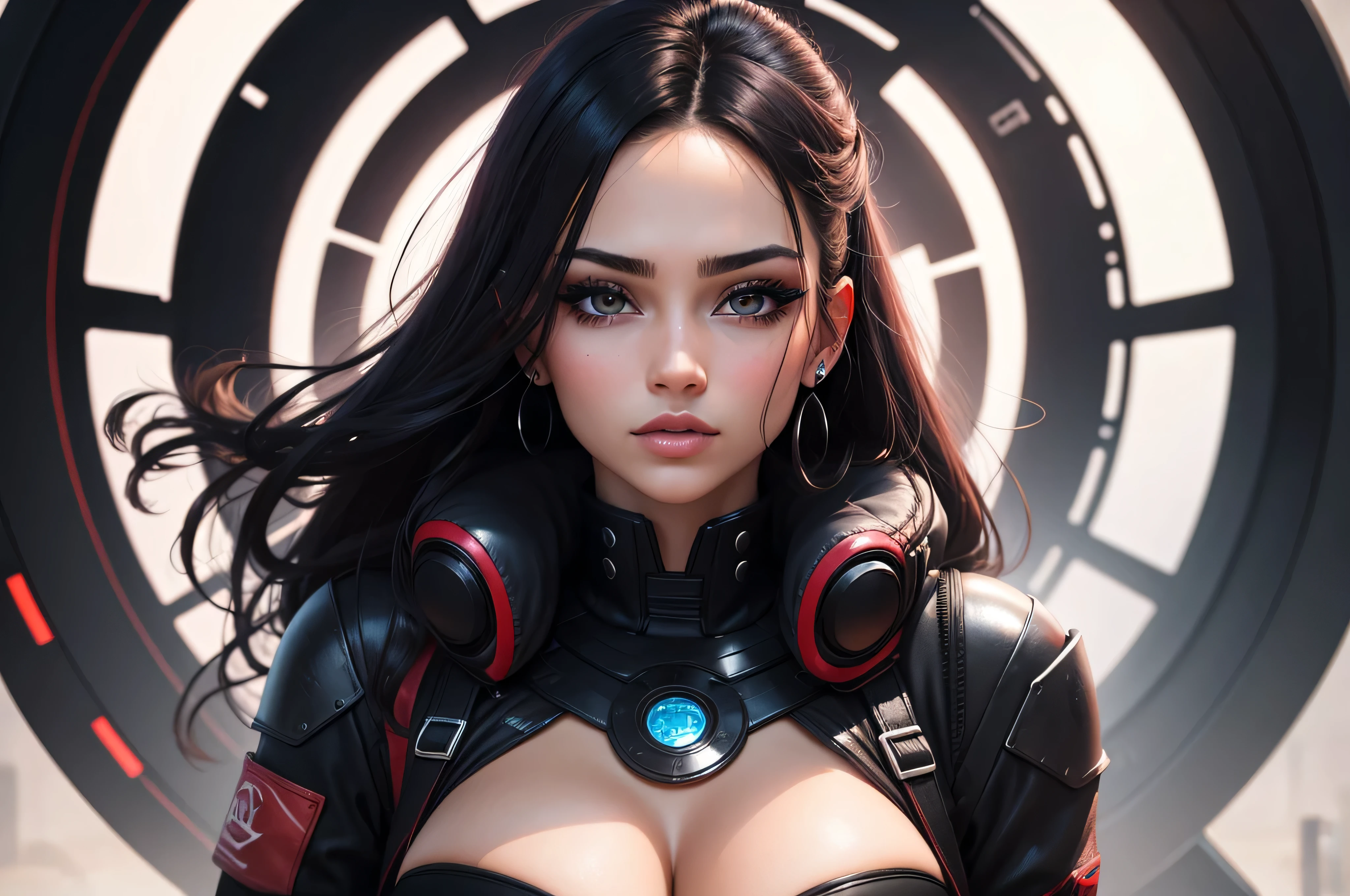 mujer hermosa, ojos rojos , cabello negro , estililo cyber