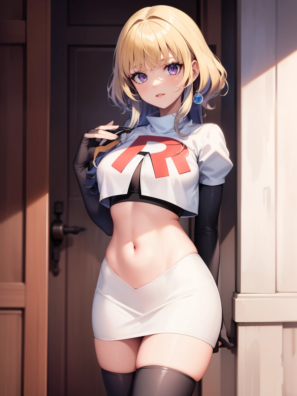 constance_academy, purple eyes glossy lips ,team rocket uniform, red letter R, white skirt,white crop top,black thigh-high boots, black elbow gloves, looking at viewer, cowboy shot