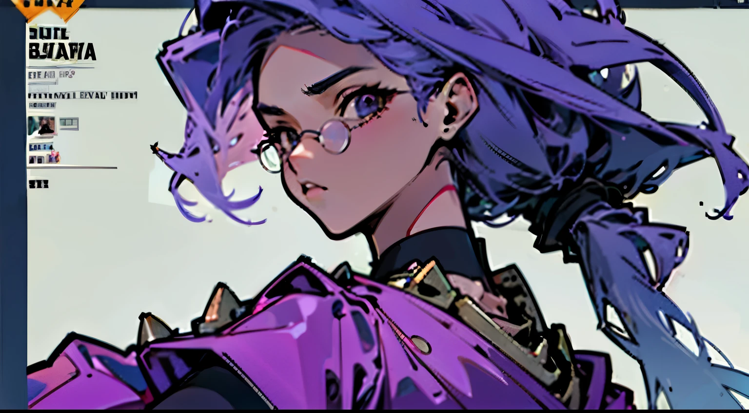 (High resolution), (in 8K), (Extreme Detail), (Best Illustration), (beautiful detail), (Best Quality), (masuter piece), ( Detailed face) full body, naked female, Pose de lucha, dinamic poses, Female character design sheet., piel bronceada, muscular, Pecho grande, gafas, cabello exuberante, purple hair, Pelo de cola de caballo, boxeo femenino, pink boxing gloves with spikes, mochila morada, estilo pelea estrellas