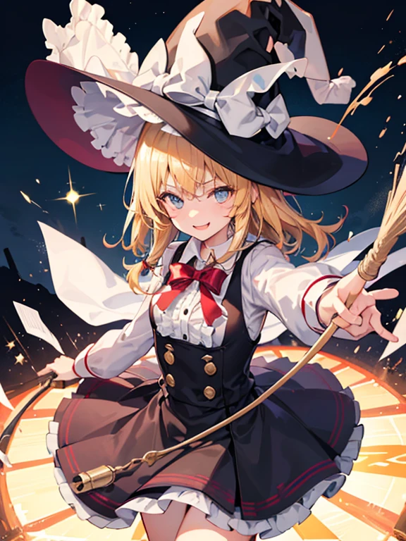 Marisa Drizzle、a blond、Medium hair、Witch&#39;s pointed bow with black frills、mini bagua furnace、Emitting master spark、Fighting、Fighting、Fighting、Fighting、Fighting、a cool、Lots of prism light、natta、Flying in the sky、Riding a broom、Powerful、Glitter、A mischievous smile