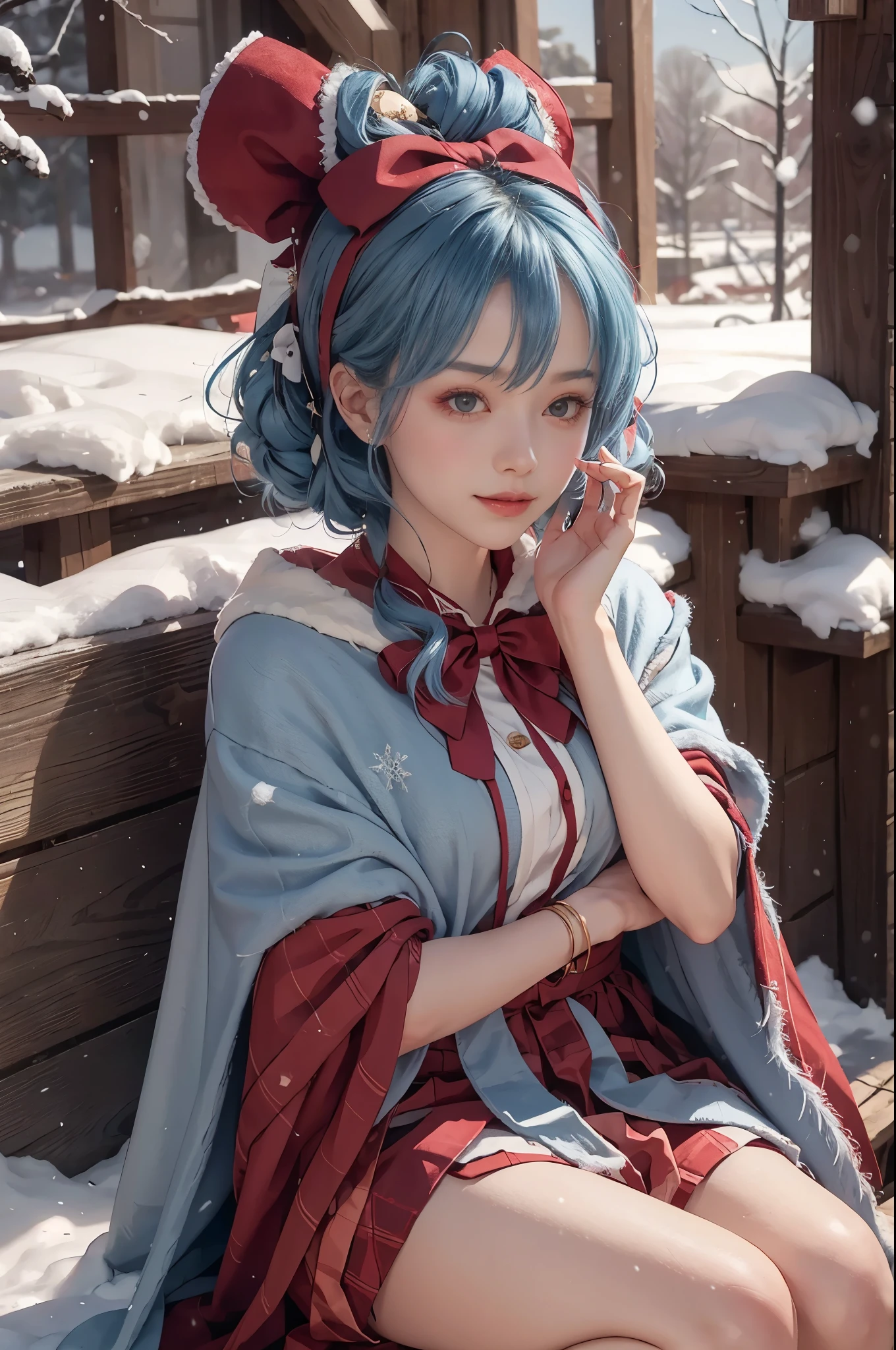 1 girl,hoody,fur cape,Blue hair,ssmile,Lolita costume,Extra-long hair,Red bow hair ornament,sitting down,The content is very detailed,center frame,Focus sharp,城市,outside,natta,snow field,luring,8K,tmasterpiece,winning artwork,