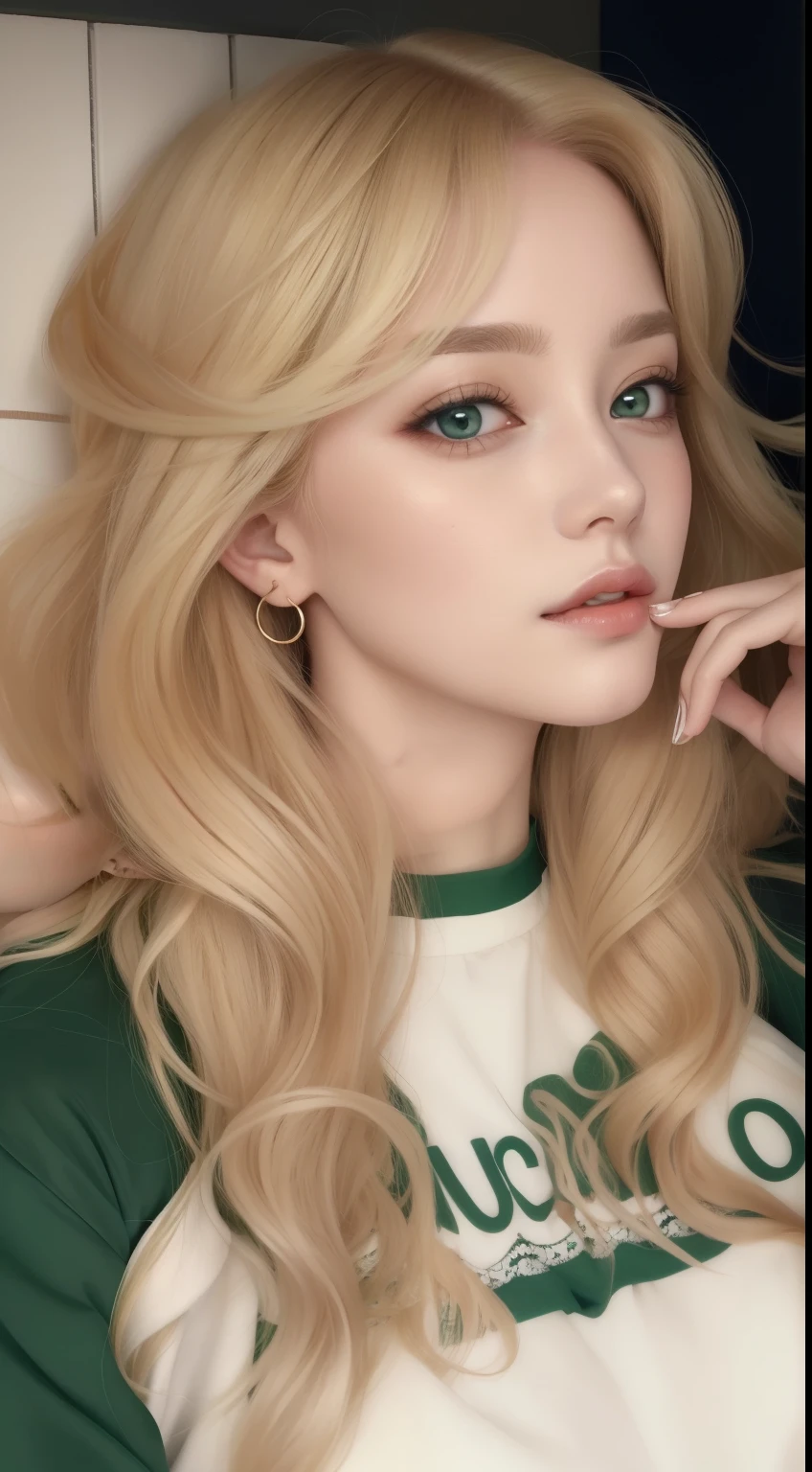 um close de uma mulher com longos cabelos loiros e uma camisa verde e branca, pale skin curly blond hair, maquiagem sul-coreana popular, cabelos loiros e olhos grandes, Ulzzang, maquiagem coreana popular, Lalisa Manobal, uma menina com cabelo loiro, long cabelos loiros e olhos grandes, extremely pale blond hair, kawaii retrato realista