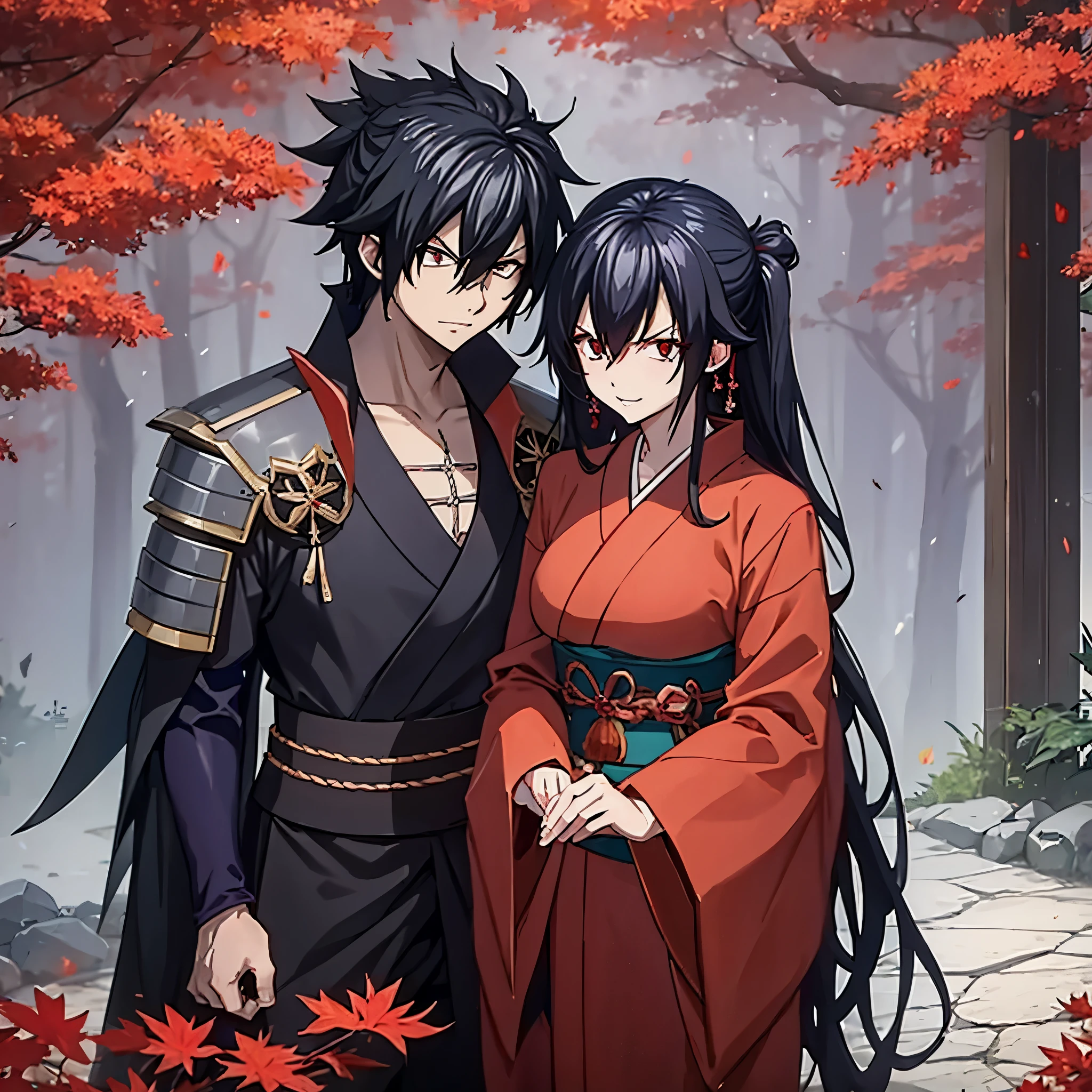 gray fullbuster using wearing heavy samurai armor next to a woman (eye red) sorridente in a red kimono in a in a Japanese autumn garden