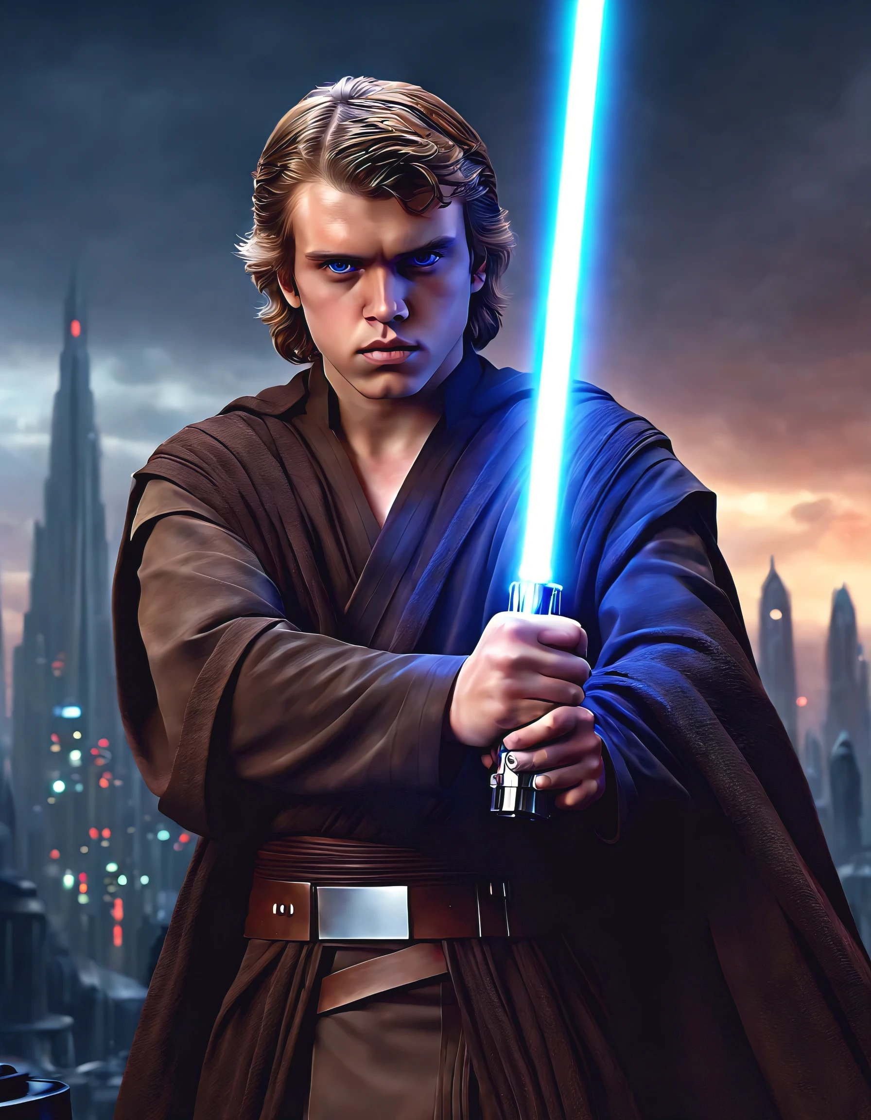 Anakin Skywalker, O Escolhido, a Force-sensitive Human, became a Jedi Knight of the Galactic Republic in the Star Wars universe. The generated artwork shows a visually stunning representation of Anakin Skywalker's journey. The artwork is created in a medium that combines the best quality of digital illustration and Realistic photorealism (best quality, Realistic:1.37), using ultra-detailed rendering techniques, and professional-grade studio lighting. A arte mostra Anakin Skywalker com seu piercing, olhos azuis lindamente detalhados, captando seu olhar intenso. Your lips are portrayed in exquisite detail, enfatizando sua natureza expressiva. The Realistic portrayal of Anakin's facial features conveys a sense of emotion, showing his internal conflicts and determination. A cena se passa em um vibrante, cidade movimentada em Coruscant, with futuristic skyscrapers towering in the background. The urban landscape is rich in bright colors, criando um contraste visualmente atraente contra o escuro, Ominous skies. A qualidade HDR e UHD aumenta ainda mais a profundidade e a nitidez da imagem, imergindo o espectador no universo Star Wars. Anakin Skywalker is portrayed in his Jedi robes, exuding strength and grace. Your lightsaber is lit, emitindo uma tonalidade azul vibrante que ilumina o ambiente. Bokeh effect adds an ethereal touch, increasing the feeling of power and mystique. A arte captura lindamente o papel central de Anakin Skywalker na saga Star Wars, transmitindo sua personalidade complexa e lutas internas. It's a visual masterpiece that pays homage to the iconic character, providing viewers with an immersive and inspiring experience. May the Force be with you