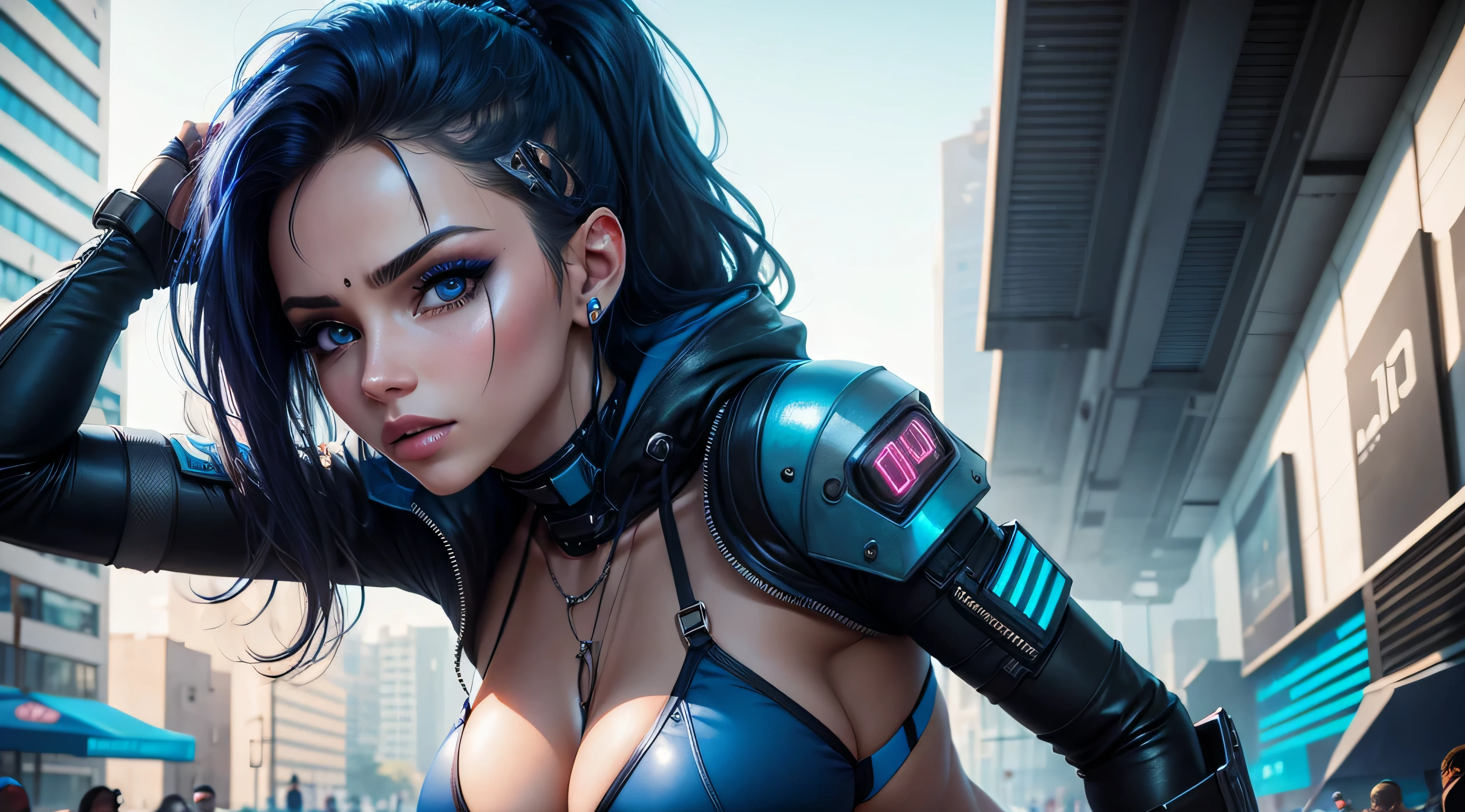 mujer hermosa, ojos azules , en bikini , estililo cyber punk en la ciudad
