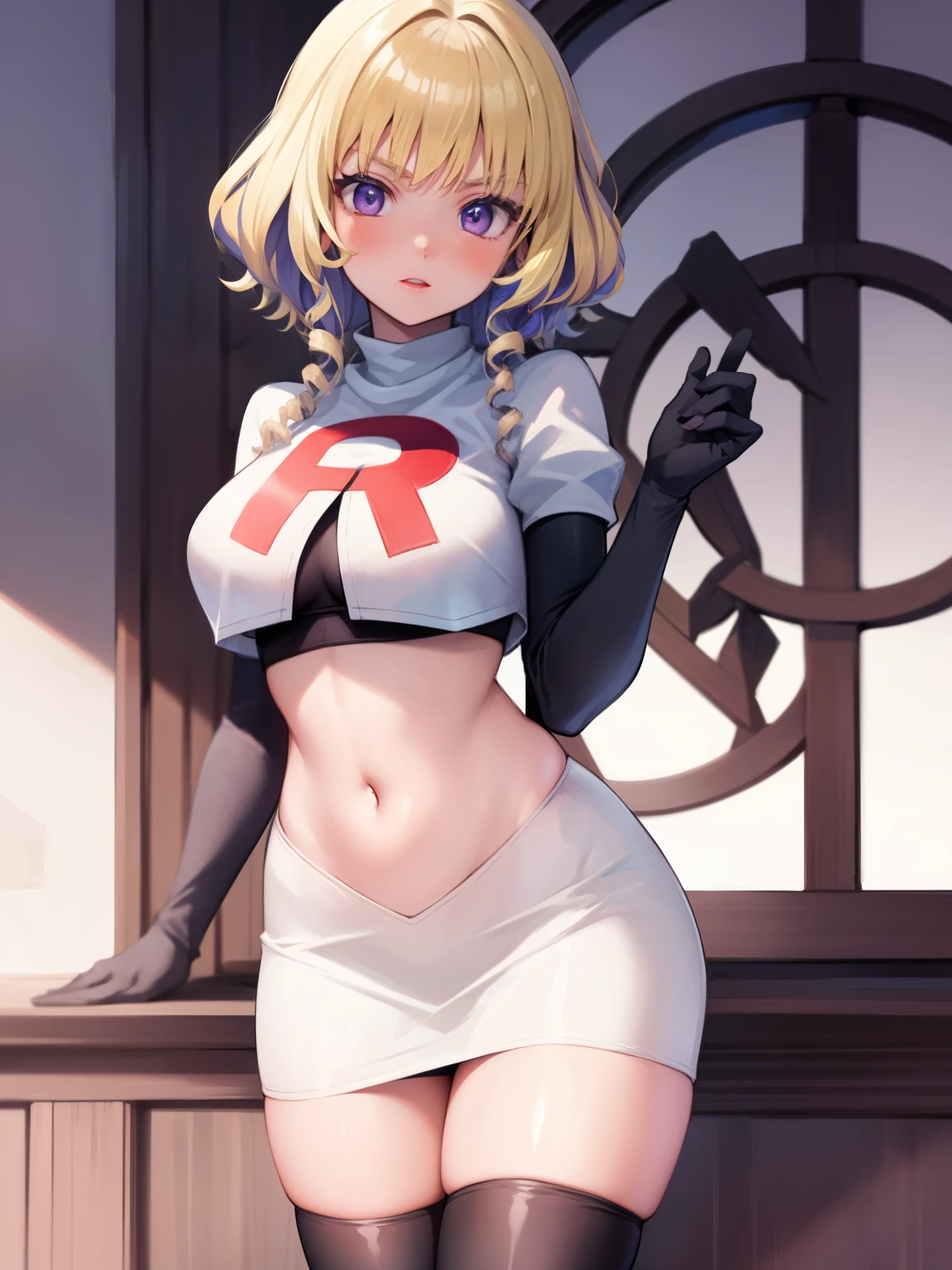 constance_academy, purple eyes glossy lips ,team rocket uniform, red letter R, white skirt,white crop top,black thigh-high boots, black elbow gloves, looking at viewer, cowboy shot