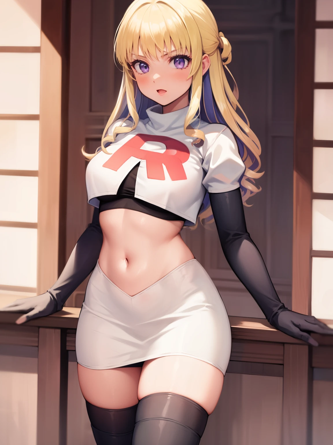 constance_academy, purple eyes glossy lips ,team rocket uniform, red letter R, white skirt,white crop top,black thigh-high boots, black elbow gloves, looking at viewer, cowboy shot