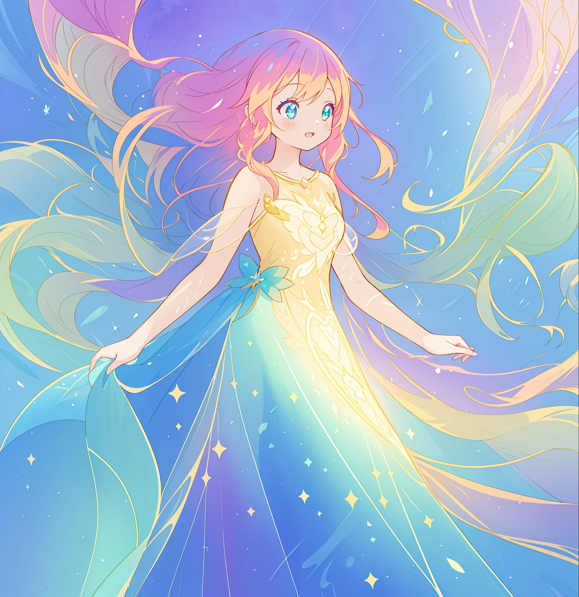 beautiful anime girl in colorful liquid dress, vibrant pastel colors, (colorful), magical lights, colorful long hair made of liquid light, sparkling lines of light, inspired by Glen Keane, inspired by Lois van Baarle, disney art style, by Lois van Baarle, glowing aura around her, by Glen Keane, jen bartel, glowing lights! digital painting, flowing glowing hair, glowing flowing hair, beautiful digital illustration, fantasia background, whimsical, magical, fantasy, beautiful face, ((masterpiece, best quality)), intricate details, highly detailed, sharp focus, 8k resolution, sparkling detailed eyes, liquid watercolor
