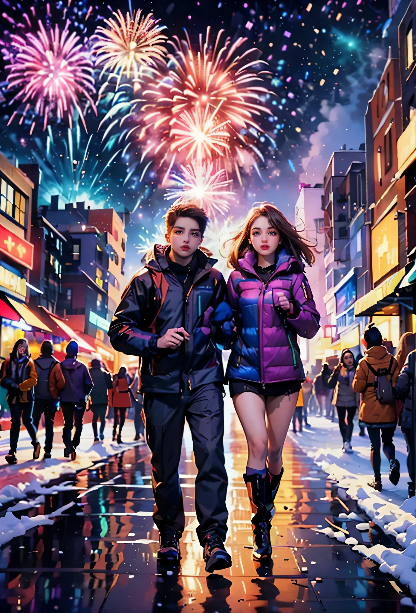 (tmasterpiece),（ultra - detailed:1.3），Best quality at best，(It's snowing)，(Young couple wearing down jackets walking hand in hand in the bustling city:1.7)，New Year celebrations and decorationrightly lit streets are colorful:1.1)，((countdown clock:1.5))、Fireworks light up the night sky，(Passionate band playing music on stage:1.6)，(Happy crowd singing and dancing)，Happy mood，feelings of anticipation and excitement，((Fireworks bloom))，((city night scene))，((skyscrapper))，Vibrant colors、The color is just right，1.Realism increased by 4 times，hyper HD，Everything is displayed in this beautiful scene，（The content is very detailed，Reasonable design，Clear lines，High- sharpness，tmasterpiece，offcial art，movie light effect，8K）