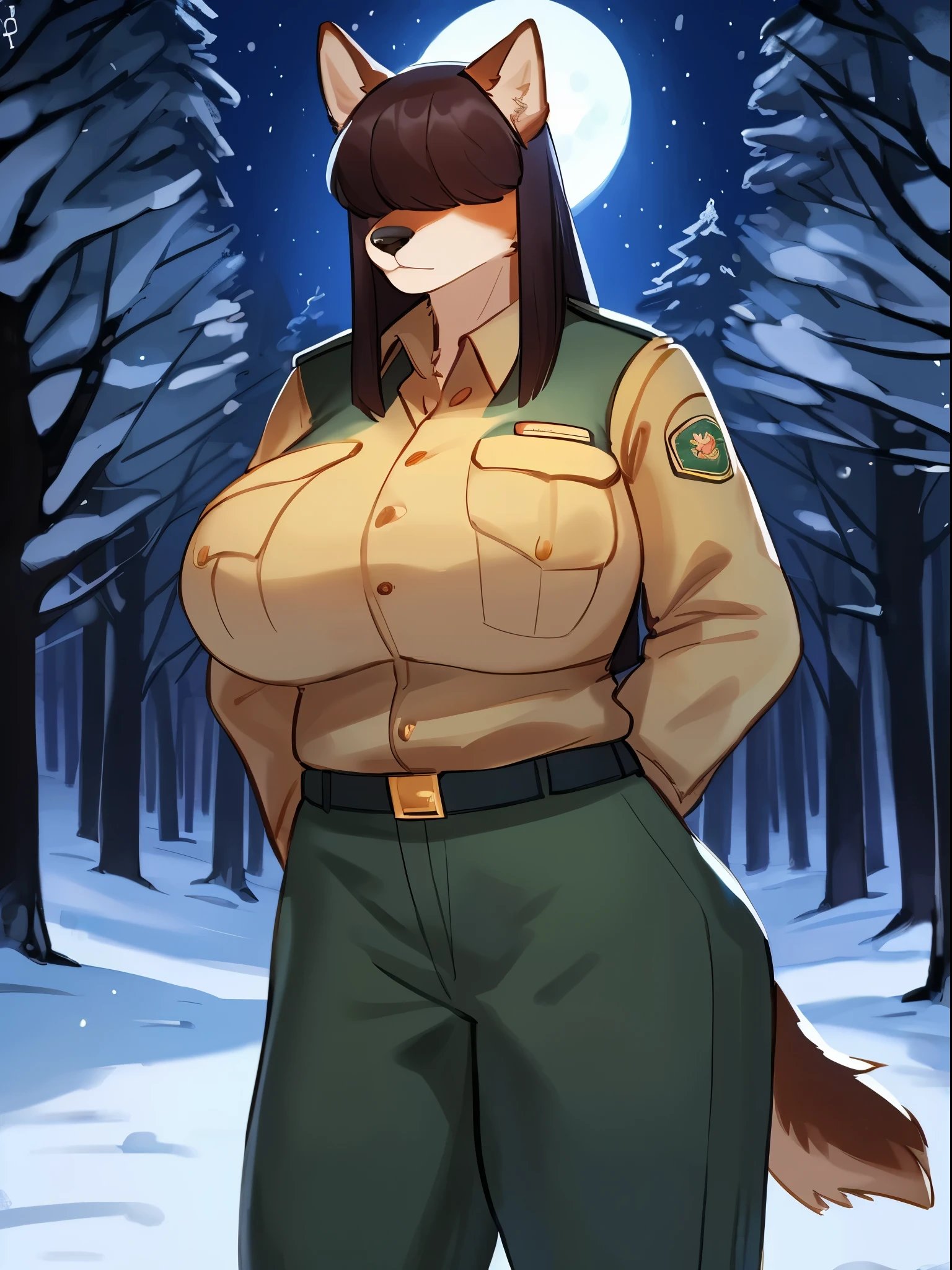 By bebebebebe, by lostgoose, by goonie-san, female, ((canine, snout, hair covering eyes, straight hair, medium hair, flat hair, ears, thin snout)), brown fur, big poofy tail, raised tail, dark maroon hair, ((muscular, big breasts)), solo, annoyed, standing, forest, snowing, snow, night, moon, ((park ranger uniform))