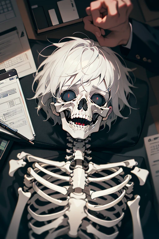 top-quality、masterpiece、超A high resolution、细致背景、realisitic、undead、skeletal、short white-hair、crewcut、horor\(theme\)、Dark Fantasy、officeworker、depth of fields、Tired、(White Business Shirt)、(Open mouth)、Note PC