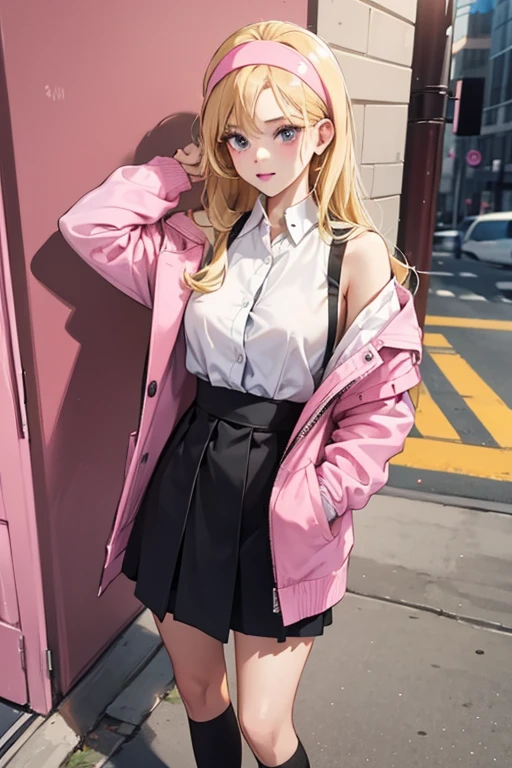 She has straight honey blonde hair that goes down to her shoulders and wears a pink headband in her hair. She usually wears a pink button up with a dark grey blazer, a black skirt, knee socks and black chunky dress shoes. She also wears pink lipstick in the same shade as her shirt and headband.