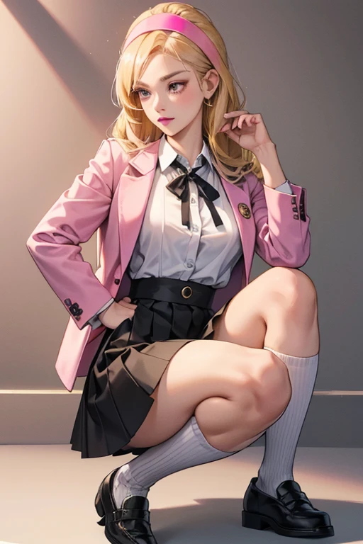 She has straight honey blonde hair that goes down to her shoulders and wears a pink headband in her hair. She usually wears a pink button up with a dark grey blazer, a black skirt, knee socks and black chunky dress shoes. She also wears pink lipstick in the same shade as her shirt and headband.