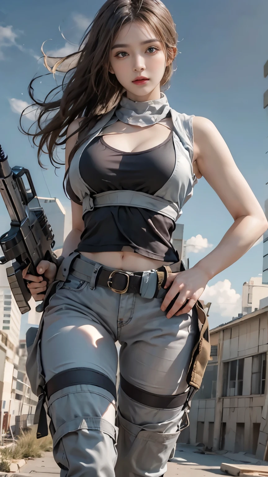 Photorealistic, high resolution, 1 woman, Solo, Hips up, view the viewer, (Detailed face), long hair, SWAT vests, jewelry, medium bust, battlefield outfit, silver outfit, bare stomach and shoulders, bare thigh, building background, walking,, back, ass