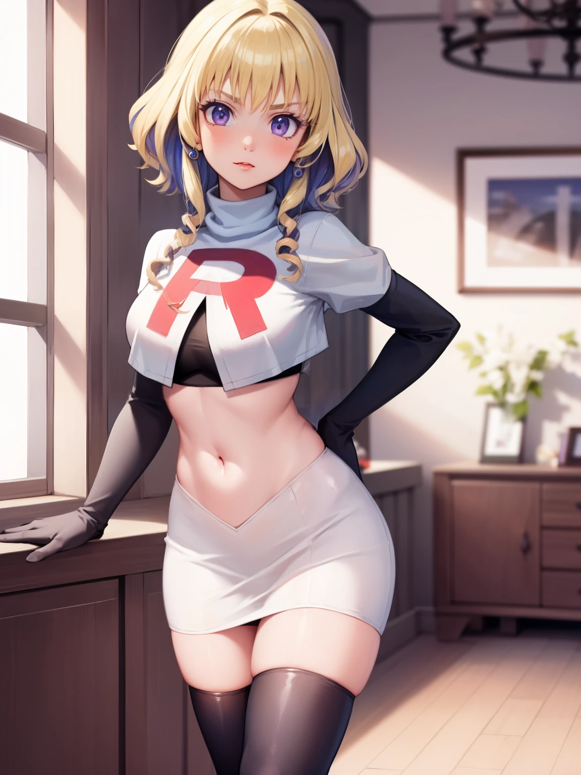 constance_academy, purple eyes glossy lips ,team rocket uniform, red letter R, white skirt,white crop top,black thigh-high boots, black elbow gloves, looking at viewer, cowboy shot