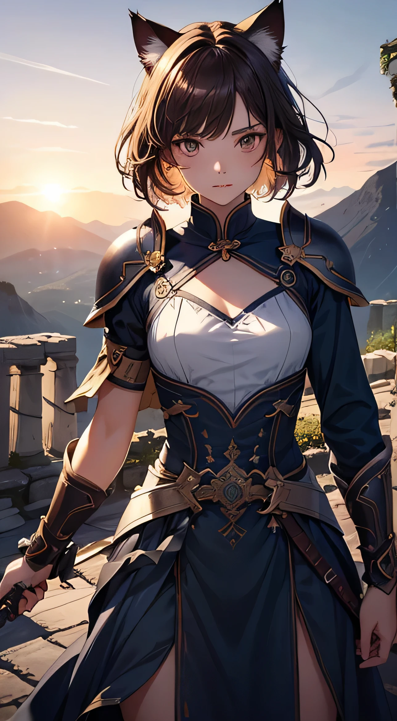 beautiful detail한 소녀, Clear and beautiful, radiant skin, girls, femele, young, 20yo, bobbed hair, short-hair, beautiful detail glass hair, ((Wielding a big sword, Combat posture)) ((Greek costumes, 2 sets of costumes )) beautiful detail, cold face, cold expression, beautiful-detailed eyes, medium 가슴, Brown eyes, Full-fledged skin texture, Very good 8KCG wallpapers, very fine 8K CG wallpaper, watercolor (medium), female warrior, (((cat ear))), Wielding a sword, Attacking stance, levitation, (((Dark, Dark Night, deep night))) (((Natural background, mountains, wood))), ((plein air)), upper body cut