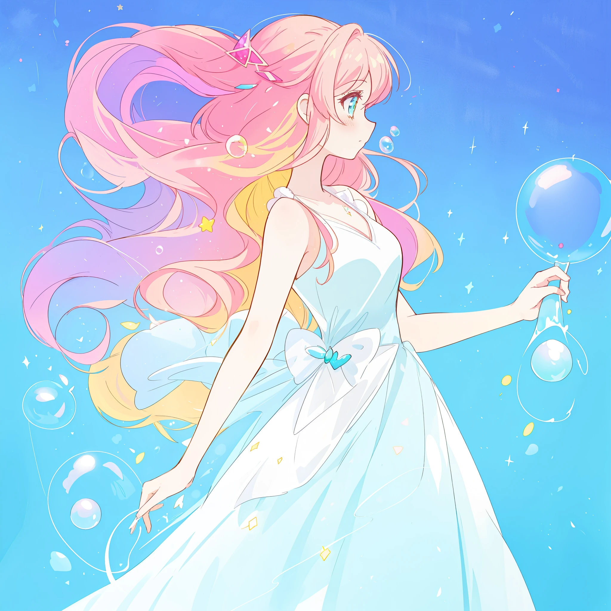 beautiful anime girl in colorful liquid dress, vibrant pastel colors, flowing long pink peach hair, beautiful white layered ballgown, (colorful), magical lights, sparkling lines of light, inspired by Glen Keane, inspired by Lois van Baarle, disney art style, by Lois van Baarle, glowing aura around her, by Glen Keane, jen bartel, glowing lights! digital painting, flowing glowing hair, glowing flowing hair, beautiful digital illustration, fantasia background, whimsical, magical, fantasy, beautiful face, ((masterpiece, best quality)), intricate details, highly detailed, sharp focus, 8k resolution, sparkling detailed eyes, liquid watercolor, (((bubbles)))