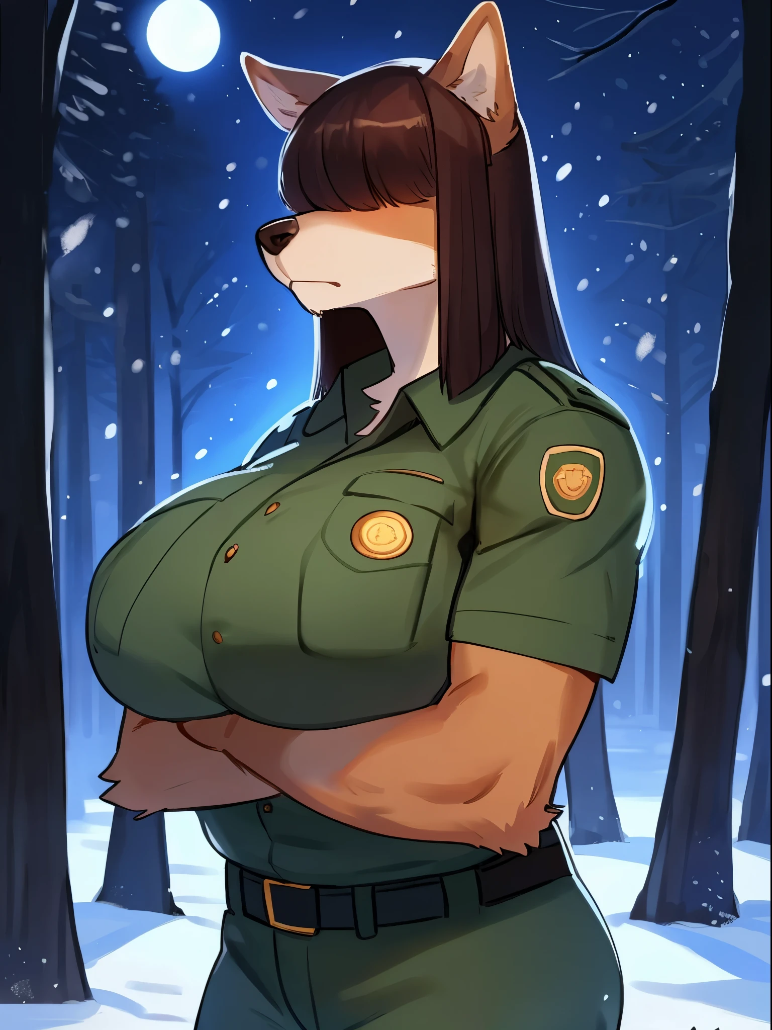 By bebebebebe, by lostgoose, by goonie-san, female, ((canine, snout, hair covering eyes, straight hair, medium hair, flat hair, ears, thin snout)), brown fur, big poofy tail, raised tail, dark maroon hair, ((muscular, big breasts)), solo, annoyed, standing, forest, snowing, snow, night, moon, ((park ranger uniform))