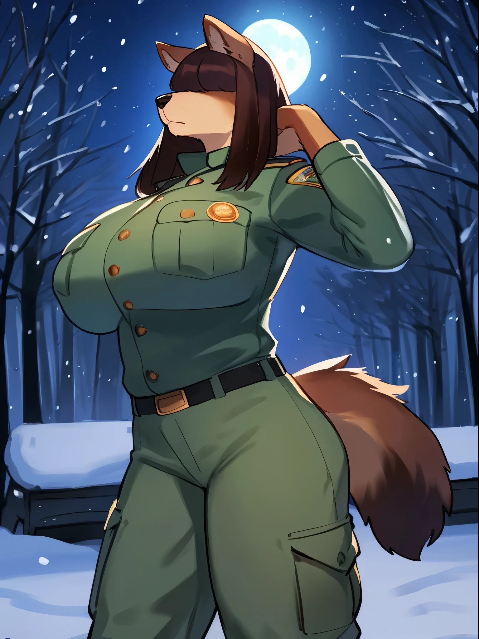 By bebebebebe, by lostgoose, by goonie-san, female, ((canine, snout, hair covering eyes, straight hair, medium hair, flat hair, ears, thin snout)), brown fur, big poofy tail, raised tail, dark maroon hair, ((muscular, big breasts)), solo, annoyed, standing, forest, snowing, snow, night, moon, ((park ranger uniform)), curvy