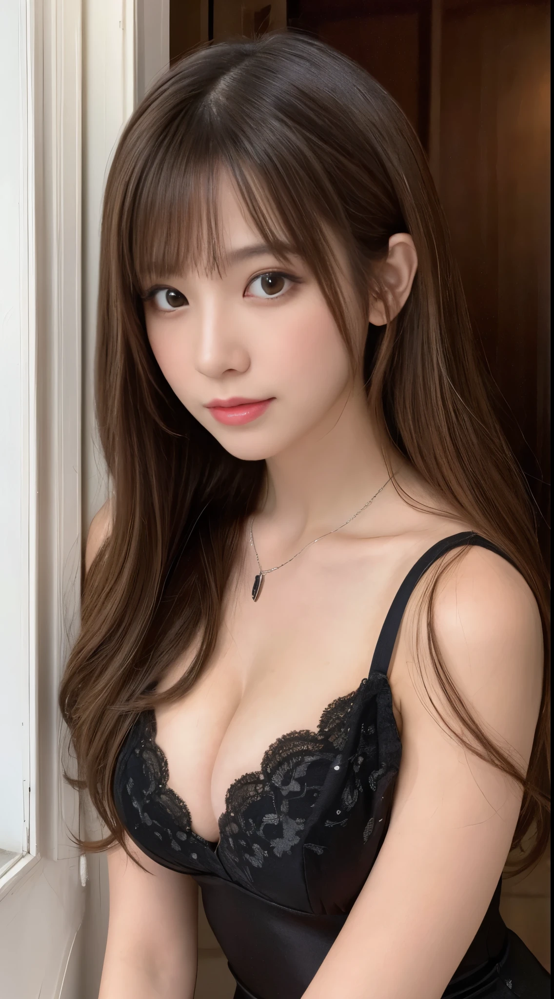33 year old cute woman､Photos taken by a professional photographer，light brown delicate hair，Medium hair with wavy tips，Fancy makeup with brown eyeshadow，Black dress，round silver necklace，Medium breasts and cleavage，Looking away，Black High Heels，