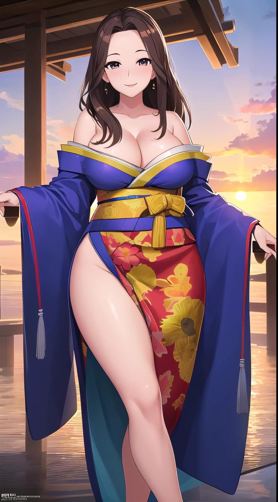 (best quality:1.5, highres, UHD, 4K, detailed lighting, shaders, HDR), brown long straight hair, forehead, large breasts, off shoulder kimono, cleavage, mature woman, smiling, flirting, 30 years old, sexy, thighs, standing, from below view, close shot, sunset background