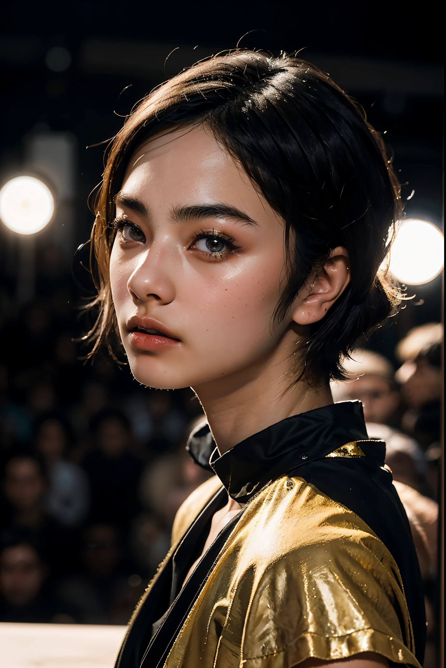 (8k, best quality, masterpiece:1.2),(best quality:1.0), (ultra highres:1.0),(high fashion photography:1.4),(head to thigh:1.6),shot on a RED digital cinema camera, with a(desaturated grunge filter:1.30), in style of (Paolo Roversi:1.2),
BREAK,
(18 years old Japanese girl:1.6),(nana komatsu),(very short hair),ultra-realistic skin texture, ultra-realistic eyes glow, ultra-realistic hair texture,golden ratio face, perfect face,lip gloss, pale lipashion model),(artistic body),((Wearing a fashion show clothes)),(walking down a runway),(on a dramatic fashion runway),(((under spot light))),(shot from low angle).