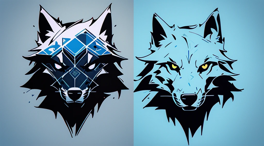 (Detailed and realistic),(minimal style,Graphic design,blue backdrop),(Small size),Logo design,(Wolf head),( and clean)