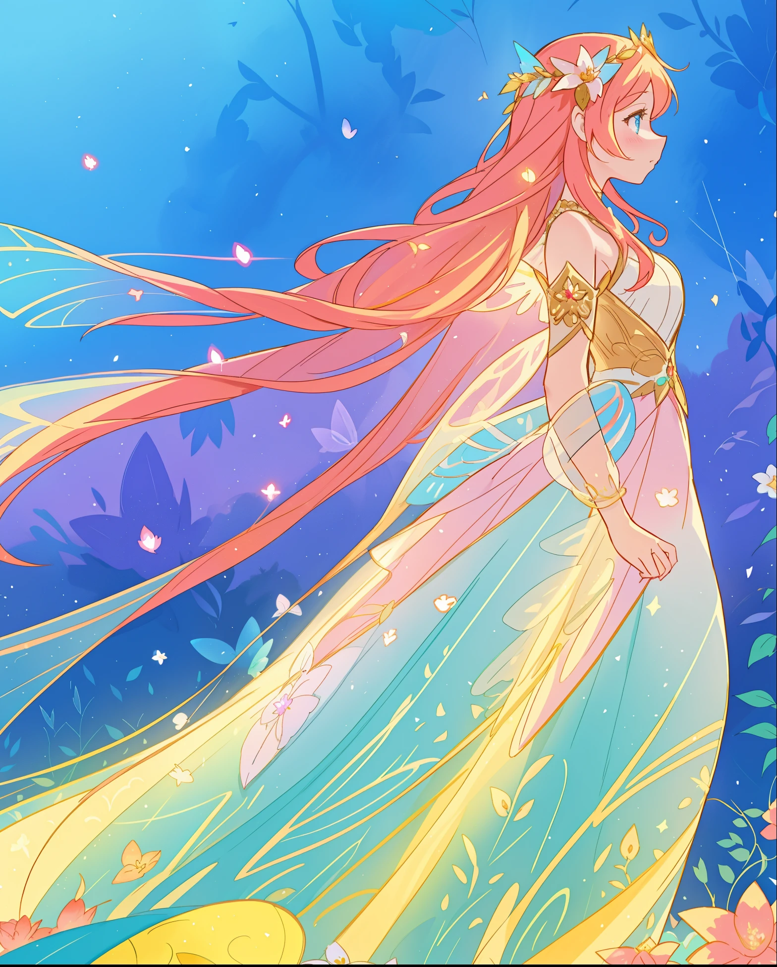 beautiful fairy girl in flowing colorful dress, fairy dress, fairy queen, magical colorful otherworldly landscape, (glowing fairy wings), glowing flowing ballgown, long hair, sparkling fairy wings, watercolor illustration, flowers and colorful plants, inspired by Glen Keane, inspired by Lois van Baarle, disney art style, by Lois van Baarle, glowing aura around her, by Glen Keane, jen bartel, glowing lights! digital painting, flowing glowing hair, glowing flowing hair, beautiful digital illustration, fantasia otherworldly landscape plants flowers, beautiful, masterpiece, best quality, anime disney style