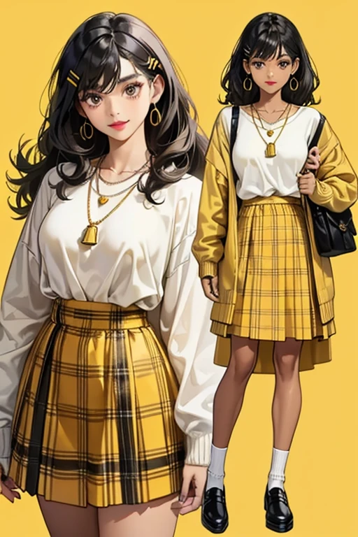 She has dark tan skin and curly black hair that goes down to her chin with yellow hairclip on the left side of her head. She usually wears a white shirt with a yellow cardigan/sweater, a plaid yellow skirt, long white socks, and black Mary-jane shoes. She also wears red lipstick and a necklace with a gold pendent on it.