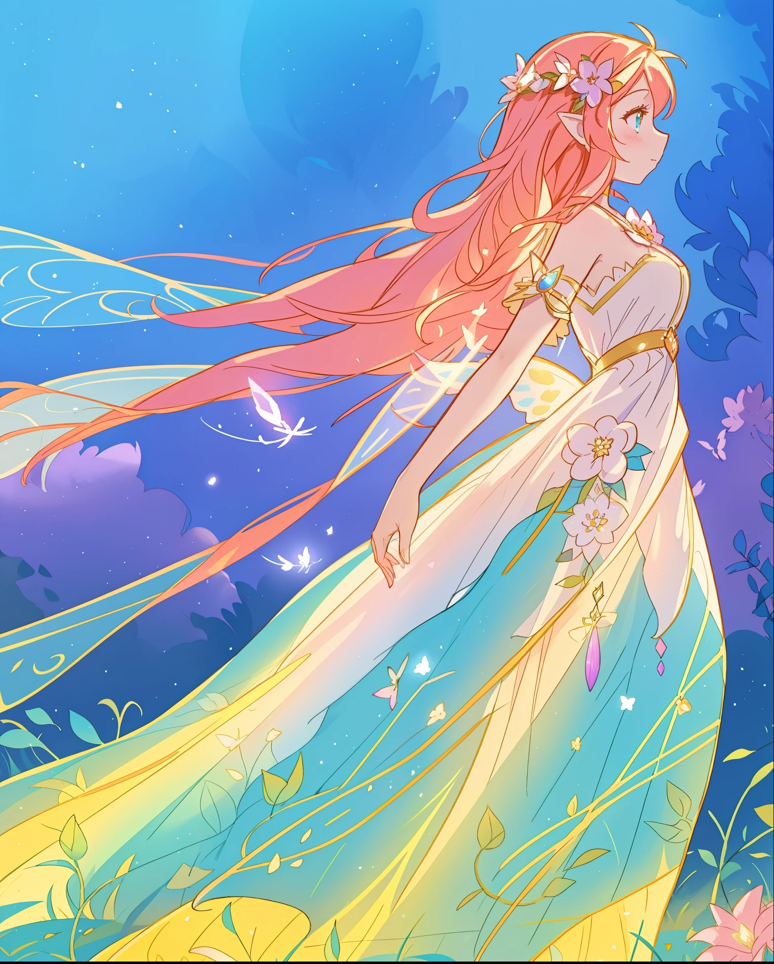 beautiful fairy girl in flowing colorful dress, fairy dress, fairy queen, magical colorful otherworldly landscape, (glowing fairy wings), glowing flowing ballgown, long hair, sparkling fairy wings, watercolor illustration, flowers and colorful plants, inspired by Glen Keane, inspired by Lois van Baarle, disney art style, by Lois van Baarle, glowing aura around her, by Glen Keane, jen bartel, glowing lights! digital painting, flowing glowing hair, glowing flowing hair, beautiful digital illustration, fantasia otherworldly landscape plants flowers, beautiful, masterpiece, best quality, anime disney style